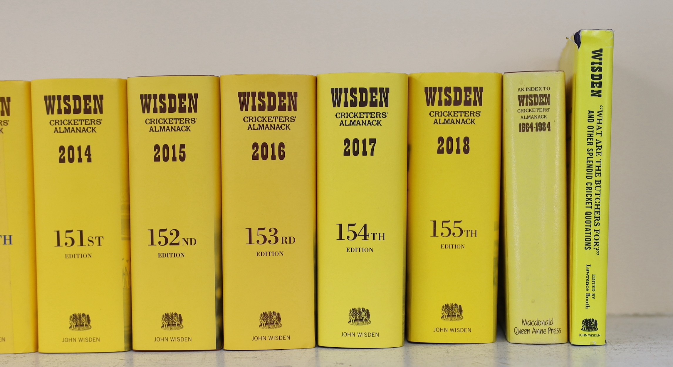 Wisden, John - Cricketers Almanack for the years 1975 (112th edition) - 2018 (155th edition), all hardbacks, with unclipped dust jackets. Together with - An Index to Wisden Cricketers’ Almanack 1864-1984 and Wisden ‘’Wha